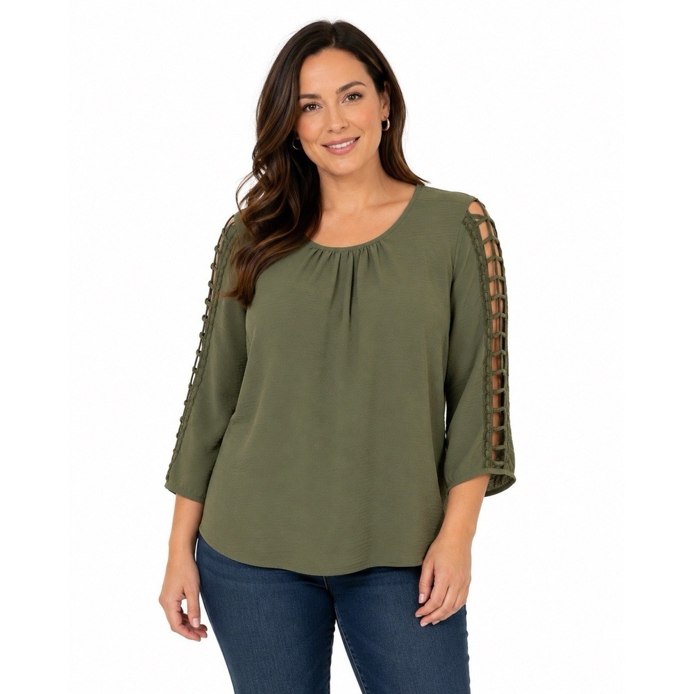 NYCC Olive Green Blouse Large Lattice Cutout Sleeve 3/4 Sleeve Boho Top L